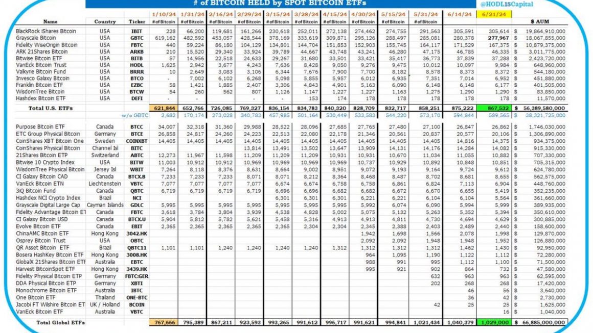 截至6月21日，全球比特币ETF共计持有102.9万枚比特币，AUM达668.85亿美元缩略图